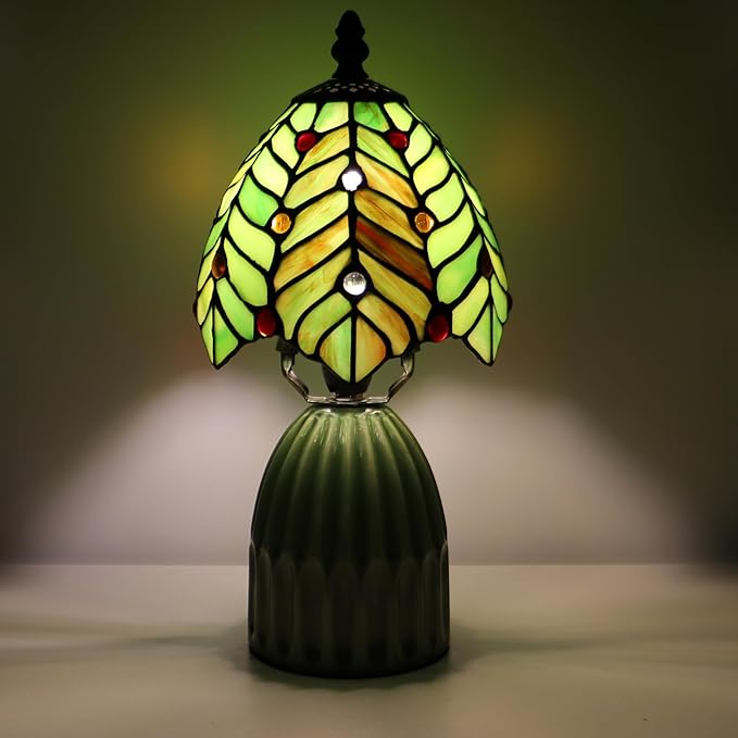 Stained Glass Mushroom Table Lamps 6X6X12.5 Inch Green Coconut Leave Style Small Night Light Ceramic Base Mini Accent Desk Light Suitable for Bedside Table Bedroom Children Room