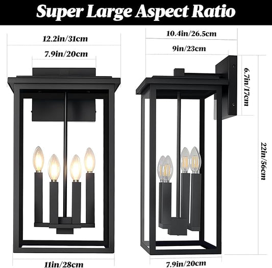 Extra Large Outdoor Wall Light Fixture,Black Outdoor Wall Sconce,Exterior Garage Lights, Modern Exterior Lights for House,Waterproof Front Porch Lanterns with Toughened Glass E12 1 Pack