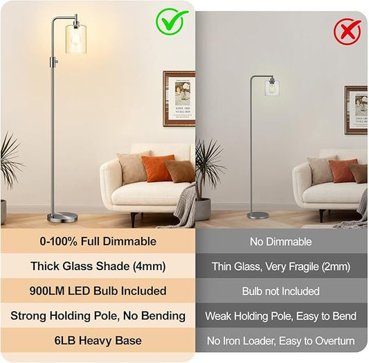 【Upgraded】Dimmable Floor Lamp for Living Room with Glass Lampshade, Brushed Nickel Modern Floor Lamp with 900LM LED Bulb Included, Bright Standing Tall Lamp for Bedroom, Office, Reading Room, Corner