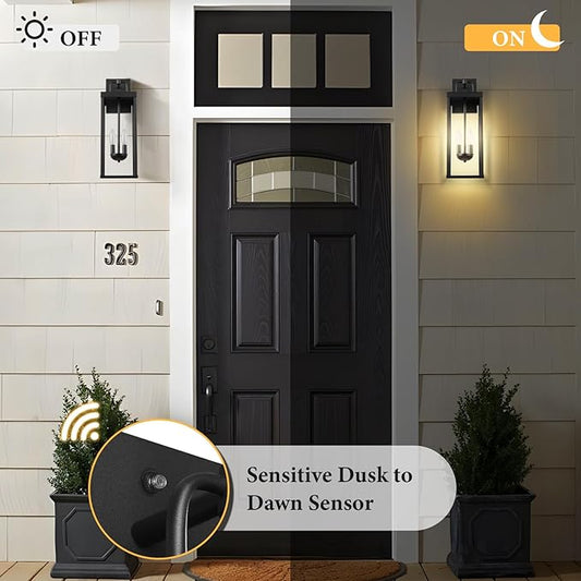 Dusk to Dawn Outdoor Wall Sconce Light, 20 Inch Tall Transitional Exterior Wall Lighting with Clear Glass, Anti-Rust Powder Coat Black Modern Outside Wall Lantern for Front Porch, DDRZ008M BK