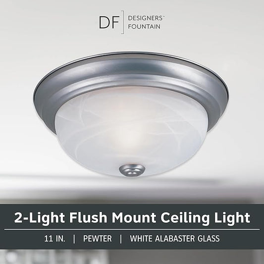 DESIGNERS FOUNTAIN Reedley 2-Lights Flush Mount Ceiling Light, 11 Inch Lighting Fixture for Kitchen, Bedroom, Bathroom, and Hallway, White Alabaster Glass, Pewter, 1257S-PW-AL