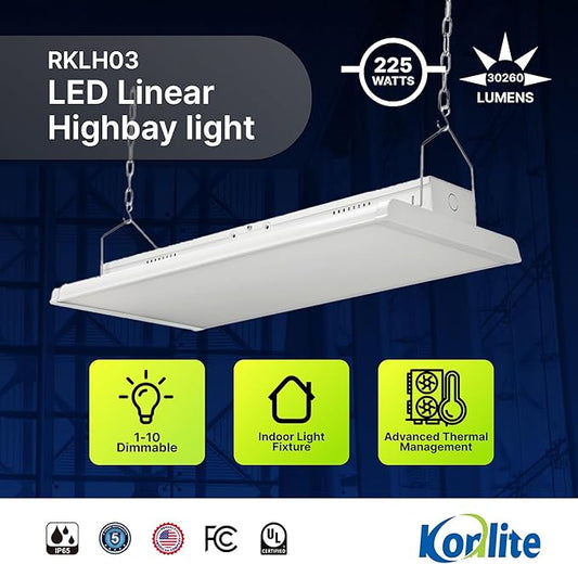 Konlite - 4 FT Linear LED Shop Lights, 225W, 30,626LM Bay Ceiling Shop Light for Commercial & Industrial Use, Non-Maintenance Shop Lights for Workshop, Garage Light, 5000K Daylight, Dimmable 1-10V