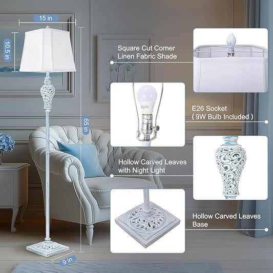 Vintage Floor Lamp with Nightlight, 65" Retro Standing Lamp with White Linen Shade, Washed Blue Finish Farmhouse Style Design Tall Lamp Decor for Living Room Bedroom Study Home Corner (Bulb Included)