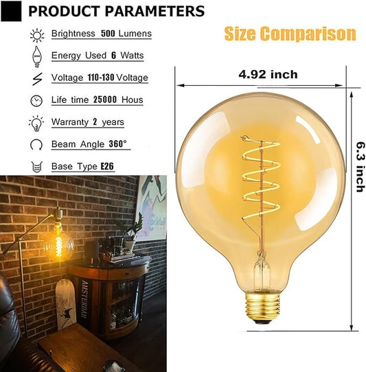 Leools Vintage LED Spiral Filament Bulb G125 Dimmable Flick-Free 6W CRI95 LED Edison Globe Light Bulb E26 Base,Amber Glass,Warm White,2200K, 500LM(60W Equivalent), Pack of 2