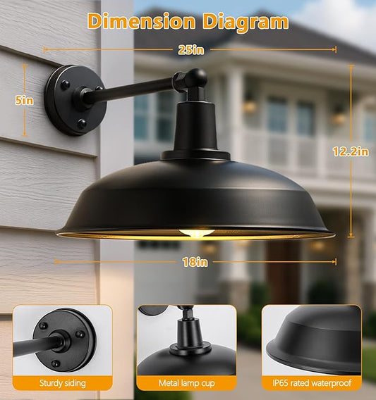 18-inch Large Outdoor barn Light, Straight arm Design, Modern Country Style gooseneck barn Light, Industrial Style Outdoor Wall lamp, Suitable for farmhouses, garages, and patios