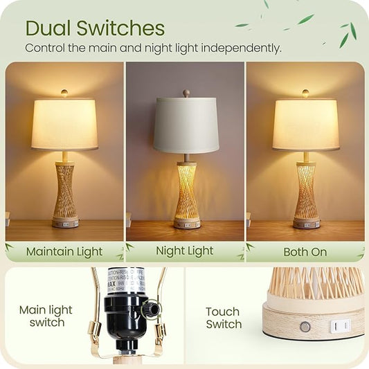 24.4”Farmhouse Rattan Table Lamps Set of 2, Touch Bedside Lamps for Bedroom with 3-Way Dimmable Night Light, USB A+C Charging Ports, Bamboo Boho Nightstand Lamps, White, W04TC05