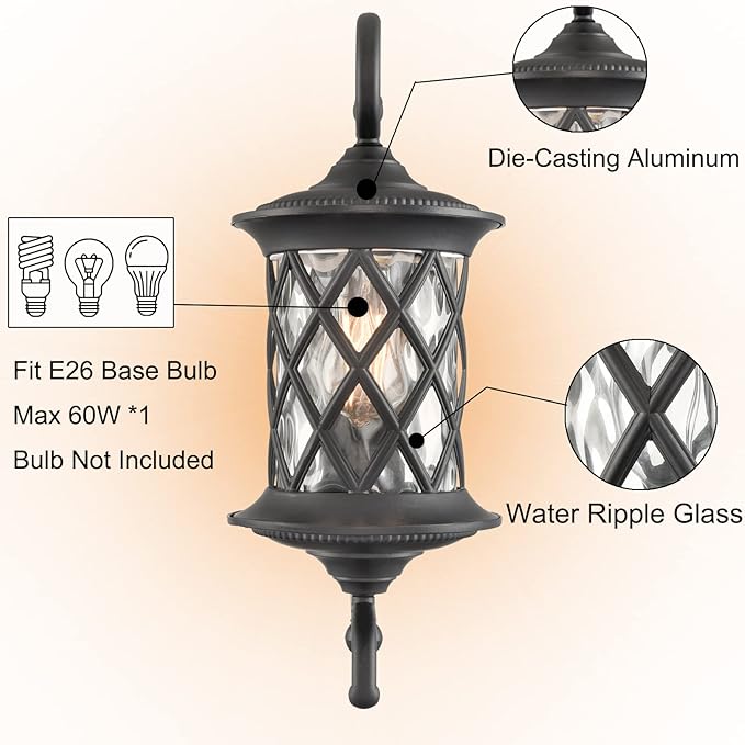 Black Outdoor Wall Lights Exterior Light Fixture Water Glass Waterproof Outside Wall Lights for House Patio Garage