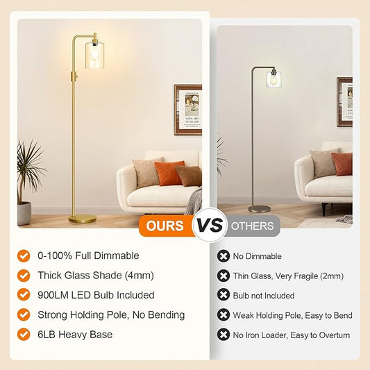 【Upgraded】Dimmable Gold Floor Lamp for Living Room with Clear Glass Lampshade, Glass Modern Floor Lamp with 900LM Edison Bulb Included, Standing Tall Lamp for Bedroom, Office, Reading Room, Corner