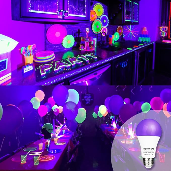 FAGUANGAO LED Black Light Bulb,12W(100Watt Equivalent) A19 UV Blacklight Bulb,120V,UVA Level 390-400nm,E26 Medium Base,Glow in The Dark for Blacklight Party,Fluorescent Poster,Neon Glow(6 Pack)