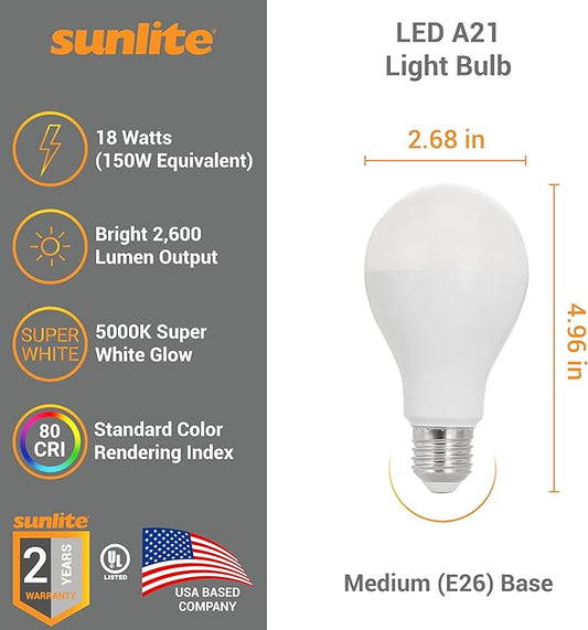 Sunlite LED A21 Light Bulb, 18 Watts (150W Equivalent), 2600 Lumens, 120V, Dimmable, Medium E26 Base, 220 Degree Beam Angle, UL Listed, RoHS Compliant, 5000K Daylight, 6 Pack