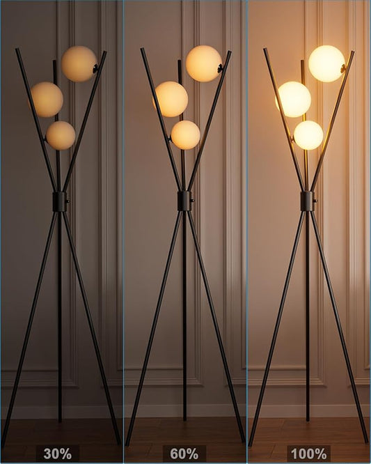 3 Globe Dimmable Tripod Floor Lamp, Mid Century Standing Lamps with 3Pcs 3000K Bulbs Included, Modern Tall Lamp for Living Room Bedroom Office-Black