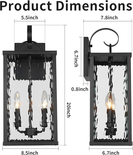 Outdoor Wall Light Fixture, 2-Light Modern Black Exterior Wall Lantern with Water Ripple Glass, Matte Rustic Waterproof Wall Sconce for Porch, Garage, Yard, Front Door, Patio, Garden