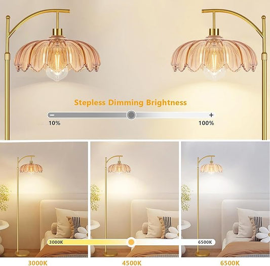Floor Lamp for Living Room,Bedroom,Gold Dimmable Standing Lamp with Remote,Mid Century Modern Brass Tall Lamp Retro Vintage Glass Lamp Floor Light Boho Bohemian