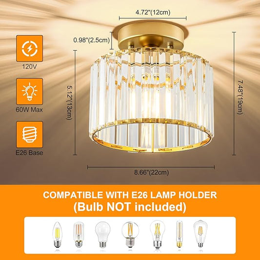 Crystal Gold Semi Flush Mount Ceiling Light, Modern Hallway Light Fixture, Metal Close to Lamp for Bathroom Entryway Bedroom Kitchen(8.66 inch)