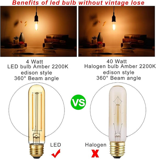 LiteHistory Dimmable E26 LED Bulb 4W Equal Edison Bulb 40 Watt AC120V Tubular Light Bulb Warm White 2200K Amber 250lm T10 LED Bulb for Rustic Pendant,Chandeliers,Wall sconces E26 Light Bulbs 6Pack