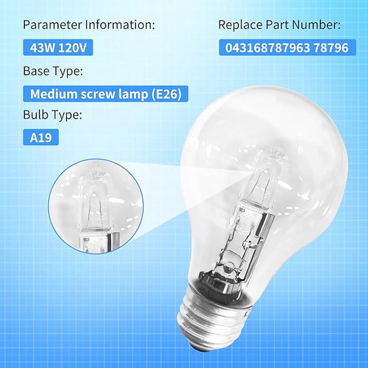 043168787963 78796 Halogen Light Bulbs 43 Watt 120V A19 with E26 Base for Table Lamps and Enclosed Fixtures, 6-Pack.