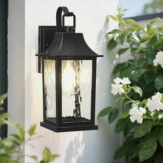 Outdoor Wall Light, 13" Sconce with Water Pattern Glass, Waterproof & Rustproof Exterior Lighting ,Weatherproof Front Porch Lights,for House Garage Doorway Patio (1 Pack, Black)