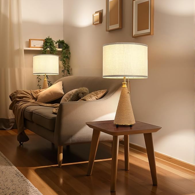 KAISITE Rattan Lamp Boho Table Lamp - 2Pack Large Bedside Table Lamps for Bedroom Rustic Handmade Woven Lamp Nightstand Lamps with Pull Chain for End Table, Living Room, Farmhouse - E26 Socket