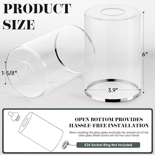 6 Pack Clear Glass Lamp Shade Replacements, Cylinder Glass Lamp Shade Globe Covers for Light Fixtures, Transparent Lampshades with Silver Border for Wall Sconces Chandelier Pendant Vanity Lights