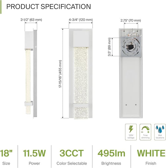 ASD LED 18" Bubble Glass Wall Light Fixture, Outdoor & Indoor Seeded Sconce | 3CCT, Waterproof, Dimmable, ETL Listed | 12W 500LM 3000-5000K 120V | Exterior Lantern, Porch Lighting | White