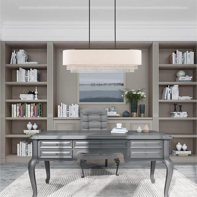 Livex Lighting 51125-92 Carlisle - 41" Five Light Linear Chandelier, English Bronze Finish with Oatmeal Fabric Shade with Clear Crystal