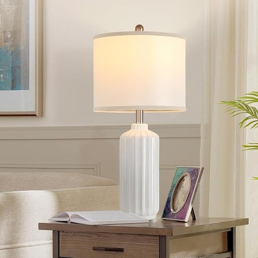 Lamp for Living Room Bedroom Lamps Farmhouse Table Lamps Set of 2 Vertical Stripe Ceramic Table Lamp,Linen Shade with Bulb, 25 in High, White