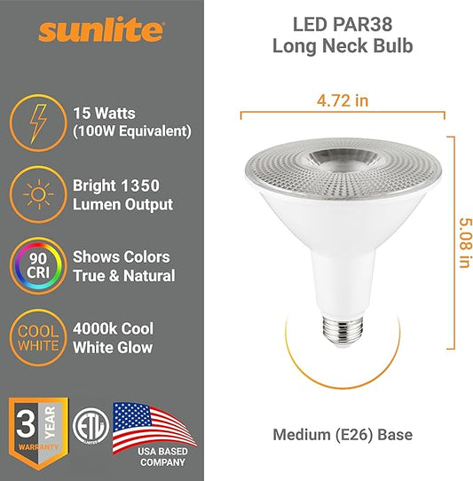 Sunlite 40332 LED PAR38 Long Neck Spotlight Bulb, 15W (100W Halogen EQ), 1350 Lm, 40° Flood Beam, Medium E26 Base, 90 CRI, Waterproof, Dimmable, T20/T24/CEC & ETL Listed, 4000K Cool White, 6 Count