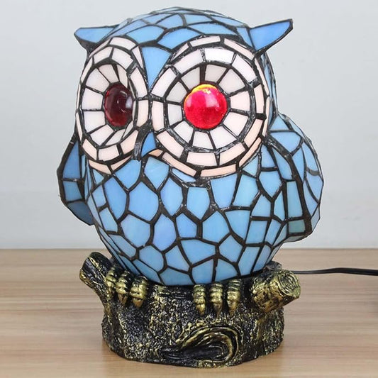 Bieye L10209 Tiffany Style Stained Glass Owl Accent Table Lamp with Handmade Lampshade, Suitable for Decorating Room (Blue)