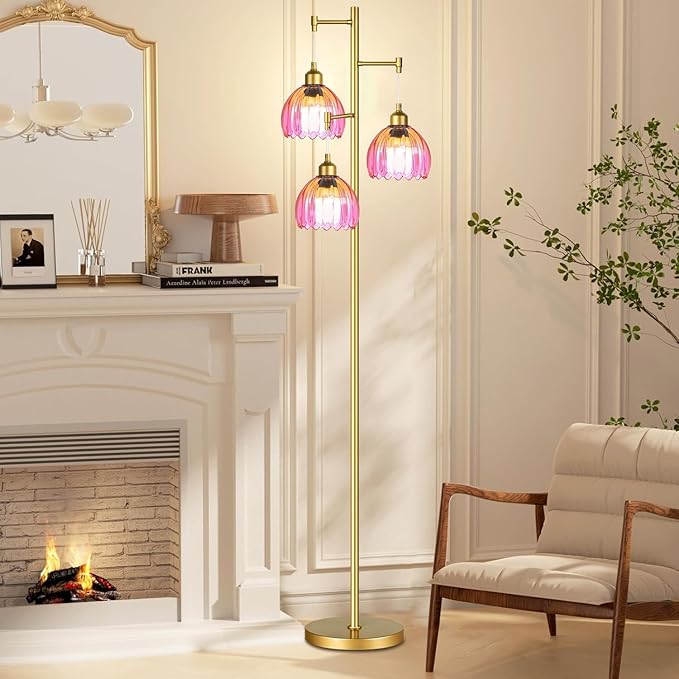 Floor Lamp for Living Room,Bedroom,Gold Mid Century Modern Standing Lamp Brass Tree 3 Light Tall Floor Lamps Vintage Retro Floor Lights Glass Flower Lamp Shade Farmhouse Boho Bohemian