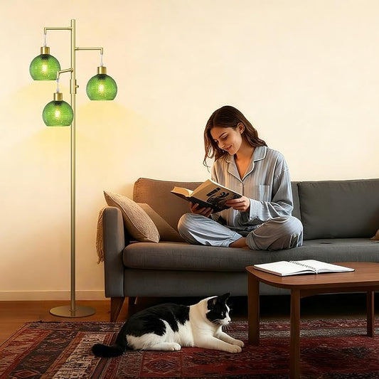 Modern Floor Lamp with Shade, Dimmable Standing Lamp for Living Room, 3 Lights Tree Lamp with Green Glass Shade, Tall Lamps for Bedroom with 3 x 600LM Bulb