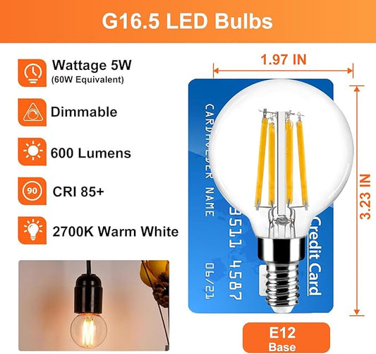 G16.5 LED Bulb 60w Dimmable 2700k Warm White 5W 120V, 3 Pack High Output Led G16.5 Clear Globe Bulb, No Flicker G 16.5 Round Bulb E12 Candelabra Base Clear Glass for Indoor/Outdoor Lighting.