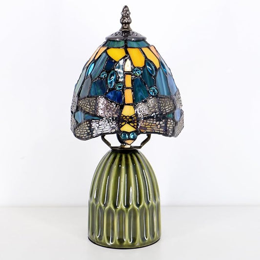 Tiffany Lamp Stained Glass Mushroom Table Lamps 6X6X12.5 Inch Yellow Dragonfly Style Small Night Light Ceramic Base Mini Accent Desk Light Suitable for Bedside Table Bedroom Children Room