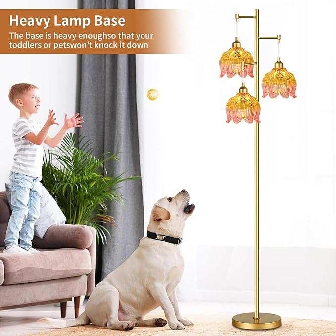 Glass Floor Lamp for Living Room,Bedroom,Gold Mid Century Modern Standing Lamp Brass Tree 3 Light Tall Floor Lamps Vintage Retro Floor Lights Flower Lamp Shade Farmhouse Boho Bohemian