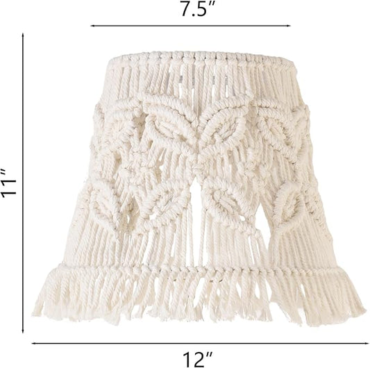 White Ivory Bell Lamp shade Medium Boho Lampshade 7.5``Top x 12``Bottom x 11``High(Spider) Handmade Woven Lamp shade for Table Lamp & Bedside Lamp - Replacement Tassel Lampshade