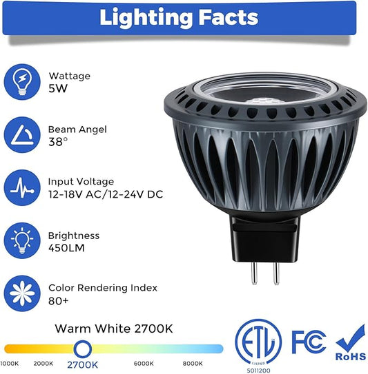 Gardencoin MR16 LED Light Blub, 5W 2700K Warm White 450 Lumens Dimmable, Aluminum Housing, Low Voltage 12V Input,GU5.3 bi-pin Light Bulbs for Landscape &Accent Lighting, Indoor/Outdoor Use,6-Pack
