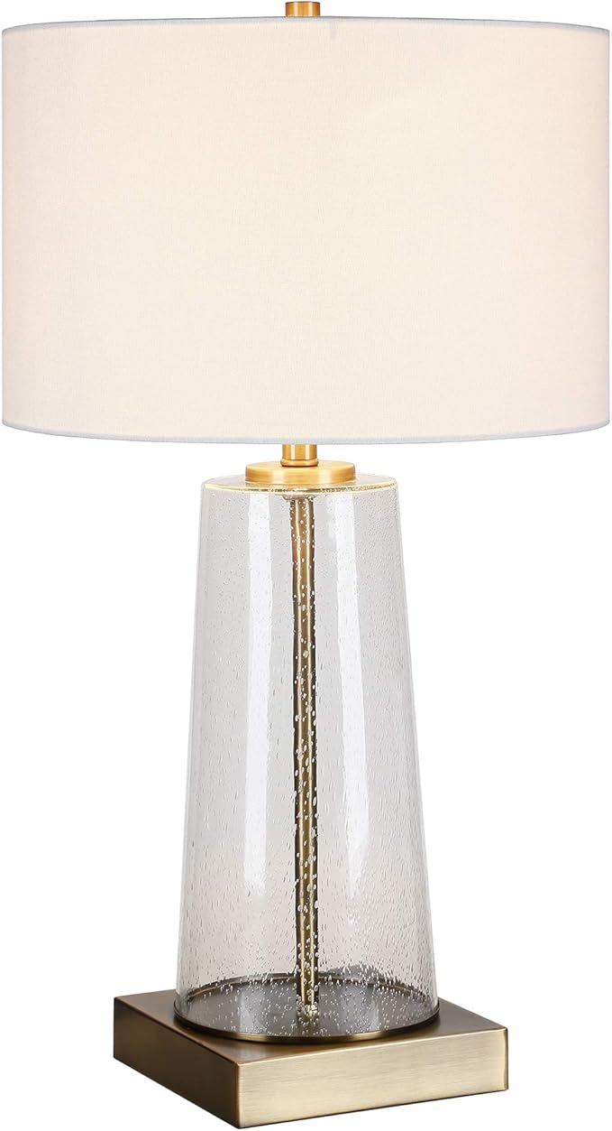 Dax 27.5" Tall Table Lamp with Fabric Shade in Seeded Glass/Brass/White