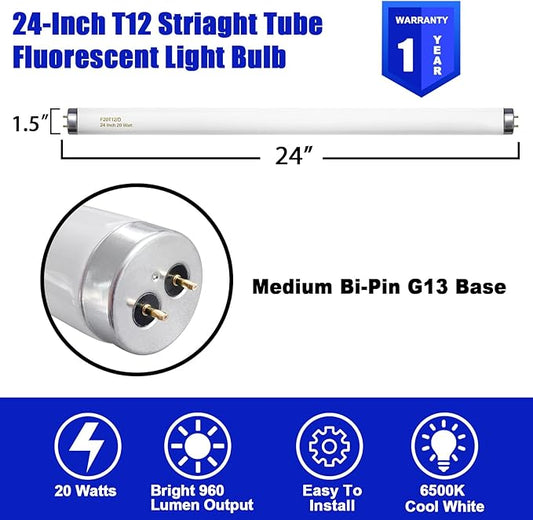 F20T12/D 20 Watt Light Bulb Daylight, 24 Inch T12 Fluorescent Tube 20W Compatible with Philips Sylvania GE Light Fixture 1400lm G13 Cap 4 Count