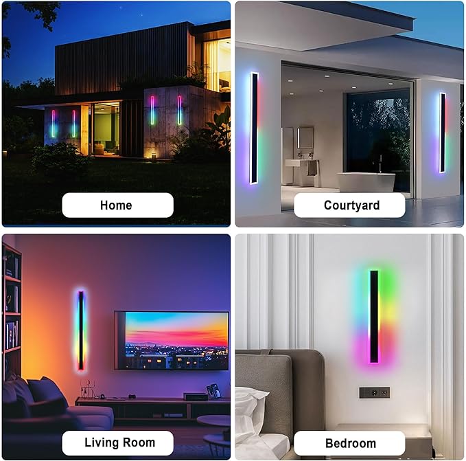 2PCS 40" RGBW LED Long Wall Light Outdoor, Black Led Wall Sconces, IP66 Waterproof Wall Lighting, Exterior Light Fixtures Wall Mount, APP Control for Outdoor/Indoor Party Gathering