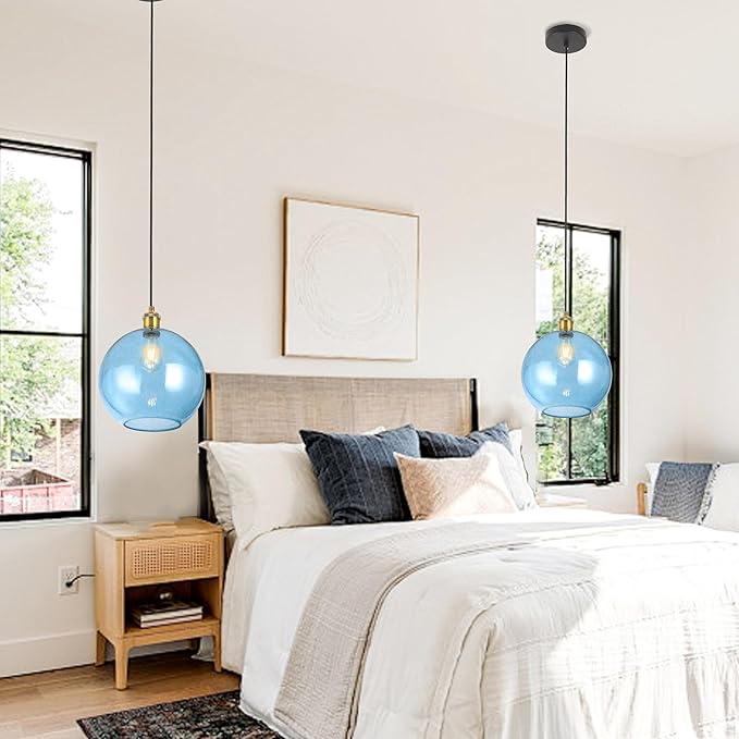 Blue Glass Pendant Lights Kitchen Island Lighting Globe Pendant Light Fixtures Modern Kitchen Island Lighting for Dining Room Bedroom -9.8inch