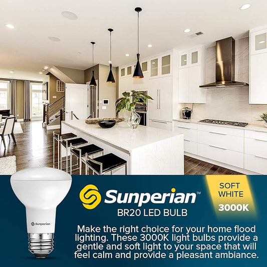 SUNPERIAN 12 Pack BR20 LED Bulb, 6W=50W, 3000K Soft White, 550 Lumens, Dimmable Flood Light Bulbs for Recessed Cans, Enclosed Fixture Rated, Damp Rated, UL Listed, E26 Standard Base