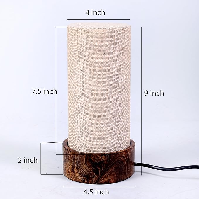Bedside Small Lamp Wood Base Round Fabric Shade Table Lamp for Living Room, Desk, Lamp for Living Room, Bedside Lamp, Room Decor, Wooden Base Grey Color