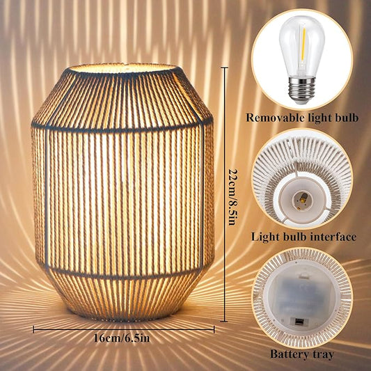 JHY DESIGN Woven Lampshade Table Lamp 8.5" H Cotton Rope Bedside Lamp Cordless Small Battery Operated Lamp Decorative Bedside Lamp with 6 Hours Timer for Bedroom Living Room Weddings Parties Patio