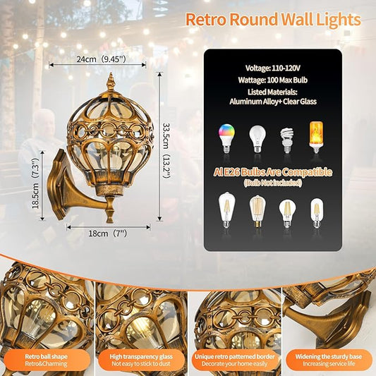 Globe Outdoor Wall Lights Fixtures, Anti Rust Gold Sphere Porch Wall Light,Aluminum Waterproof Outside spherical hardwired Lights for House Patio Porch Backyard Garage Front Door No Sensor,General
