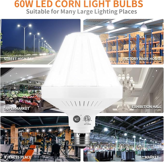 600W Equivalent Led Corn light bulbs,60W 9000 Lumens LED Corn Bulb 5000K Daylight White Lamp,E26 Medium/E39 Mogul Base,2-Pack Large Area Lights For Outdoor Indoor Garage Warehouse High Bay Lighting