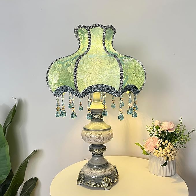 Victorian Style Blue Table Lamp, Flower Decorative Bedside Desk Lamp with Bead Curtain, Resin Base, Elegant Night Light for Bedroom Nightstand