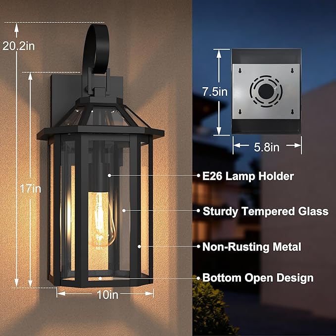 Outdoor Wall Lights, 20.24 Inch Large Waterproof Outside Wall Lantern Sconce, Clear Glass Exterior Lamp for House, Porch, Garage, 1-Light, (E26 Bulb Base, Black)