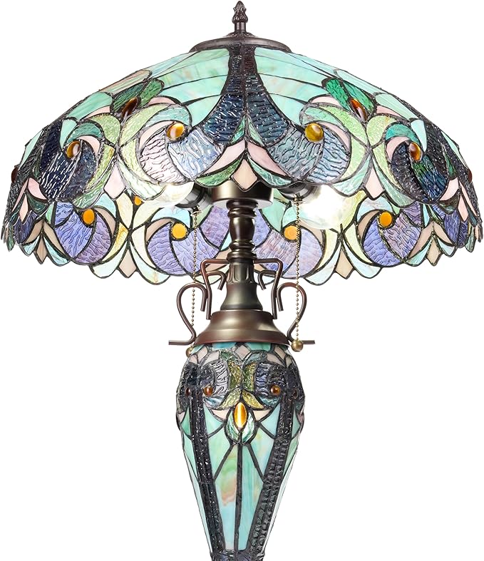 RIVER OF GOODS 24.5" H Halston Double Lit Teal Bowl Shade Stained Glass Table Lamp