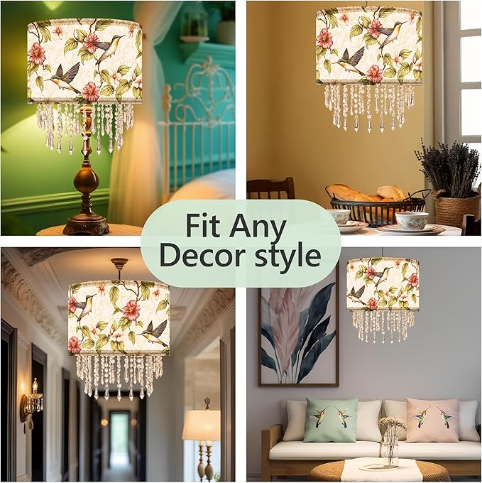 Hummingbird Floral Lamp Shade with Acrylic Bead Droplets, Spring Humming Bird Flower Fabric Light Shade for Pendant Table & Floor Lamps, Memorial Gift for Bird Lover, 11.8in