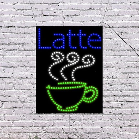 LED Latte Sign for Retail Business Displays |Advertising Electronic Light Up Sign for Windows Walls | 26"H x 20"W x 2"D