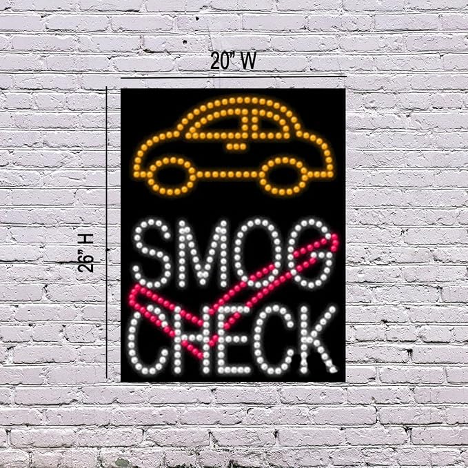 LED Smog Check Sign for Retail Business Displays |Advertising Electronic Light Up Sign for Windows Walls | 26"H x 20"W x 2"D